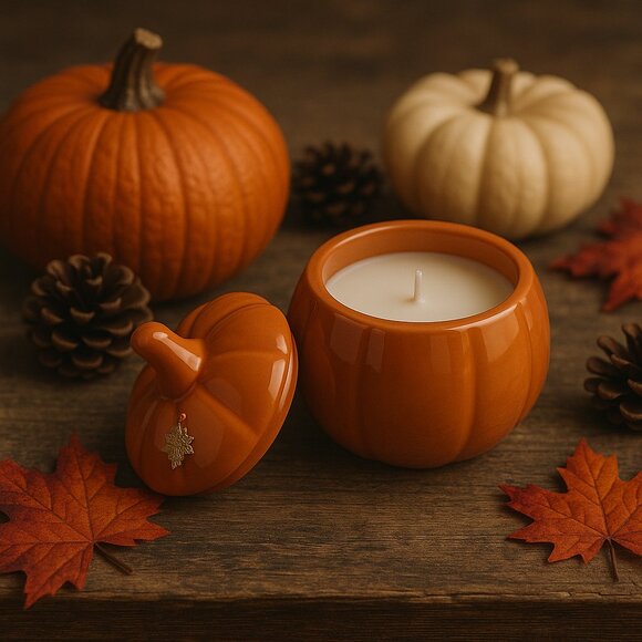 Sugared Pumpkin Ceramic Candle with Lid – Rustic Farmhouse Fall Decor Candle Jar - Picture 1 of 2